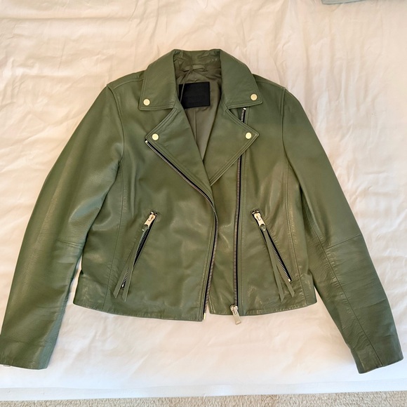 All Saints Dalby Biker 100% lamb leather moto jacket sage green size 6 NWT - Picture 6 of 14